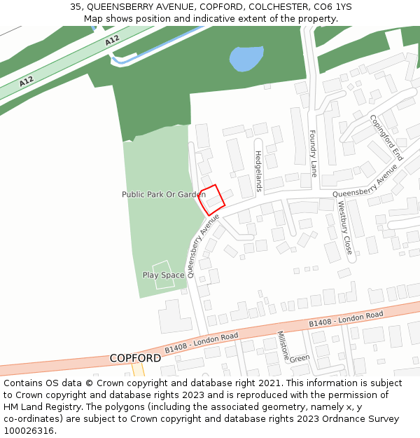 35, QUEENSBERRY AVENUE, COPFORD, COLCHESTER, CO6 1YS: Location map and indicative extent of plot