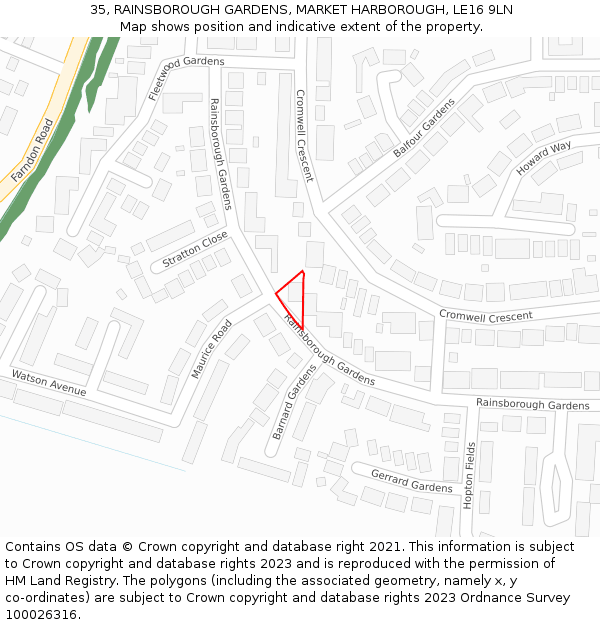 35, RAINSBOROUGH GARDENS, MARKET HARBOROUGH, LE16 9LN: Location map and indicative extent of plot