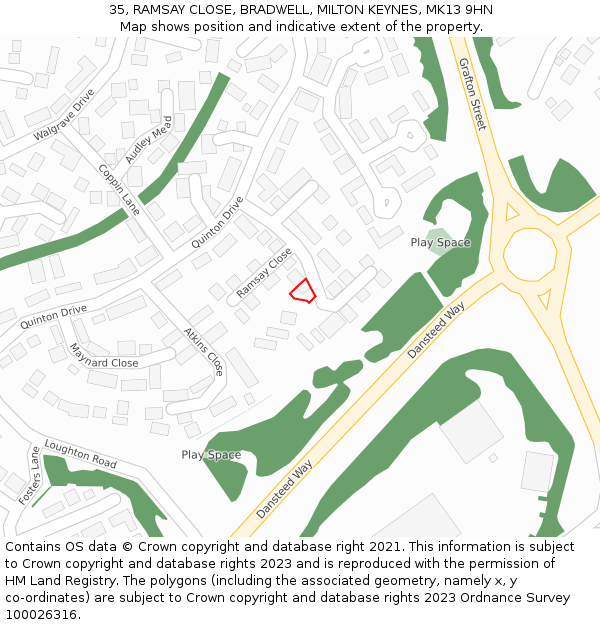 35, RAMSAY CLOSE, BRADWELL, MILTON KEYNES, MK13 9HN: Location map and indicative extent of plot