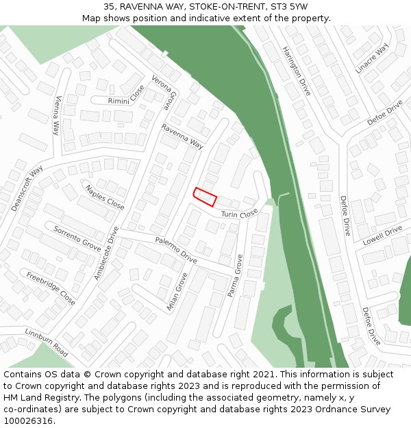 35, RAVENNA WAY, STOKE-ON-TRENT, ST3 5YW: Location map and indicative extent of plot