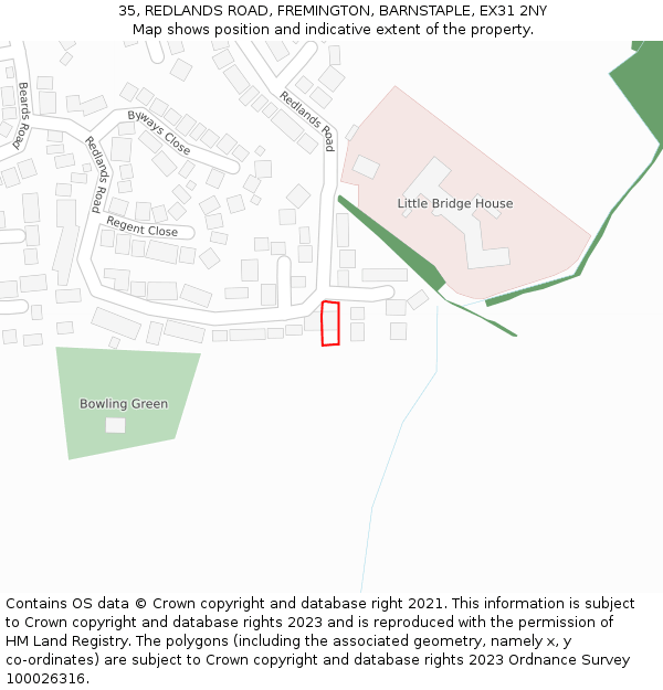 35, REDLANDS ROAD, FREMINGTON, BARNSTAPLE, EX31 2NY: Location map and indicative extent of plot