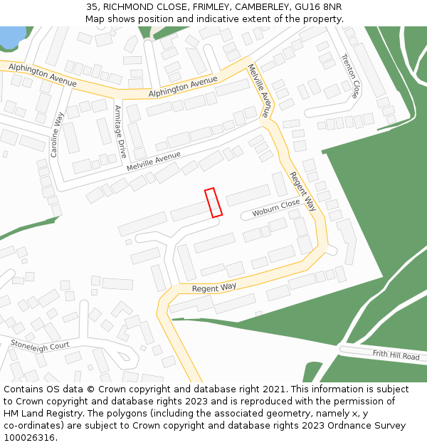 35, RICHMOND CLOSE, FRIMLEY, CAMBERLEY, GU16 8NR: Location map and indicative extent of plot