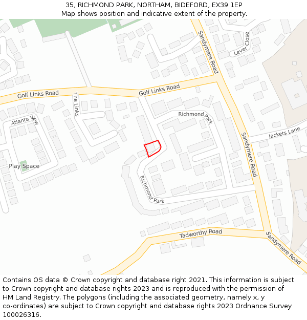 35, RICHMOND PARK, NORTHAM, BIDEFORD, EX39 1EP: Location map and indicative extent of plot