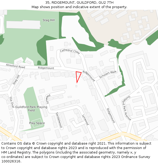 35, RIDGEMOUNT, GUILDFORD, GU2 7TH: Location map and indicative extent of plot