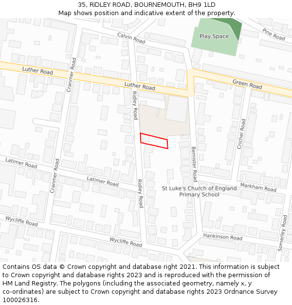 35, RIDLEY ROAD, BOURNEMOUTH, BH9 1LD: Location map and indicative extent of plot