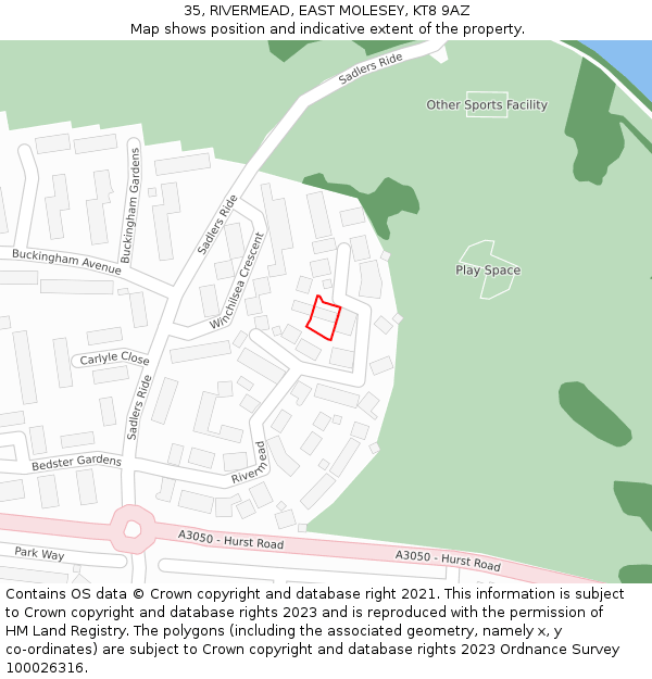 35, RIVERMEAD, EAST MOLESEY, KT8 9AZ: Location map and indicative extent of plot