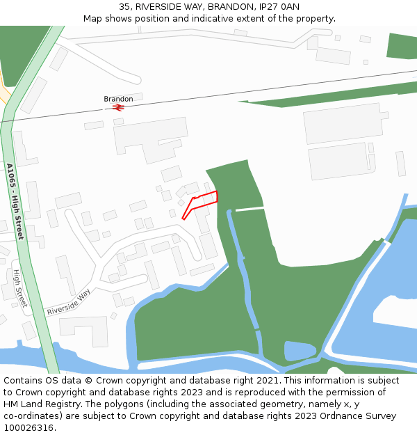 35, RIVERSIDE WAY, BRANDON, IP27 0AN: Location map and indicative extent of plot