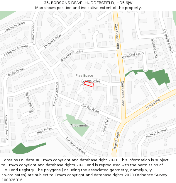 35, ROBSONS DRIVE, HUDDERSFIELD, HD5 9JW: Location map and indicative extent of plot