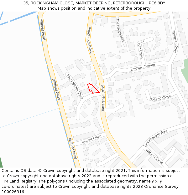 35, ROCKINGHAM CLOSE, MARKET DEEPING, PETERBOROUGH, PE6 8BY: Location map and indicative extent of plot