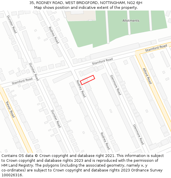 35, RODNEY ROAD, WEST BRIDGFORD, NOTTINGHAM, NG2 6JH: Location map and indicative extent of plot