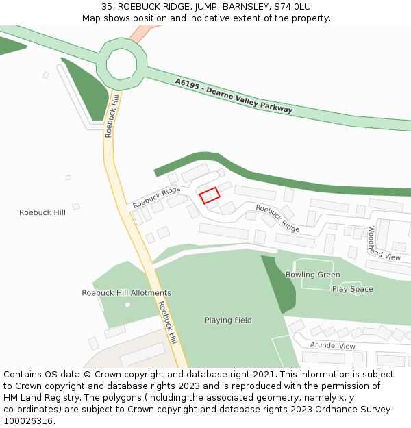 35, ROEBUCK RIDGE, JUMP, BARNSLEY, S74 0LU: Location map and indicative extent of plot