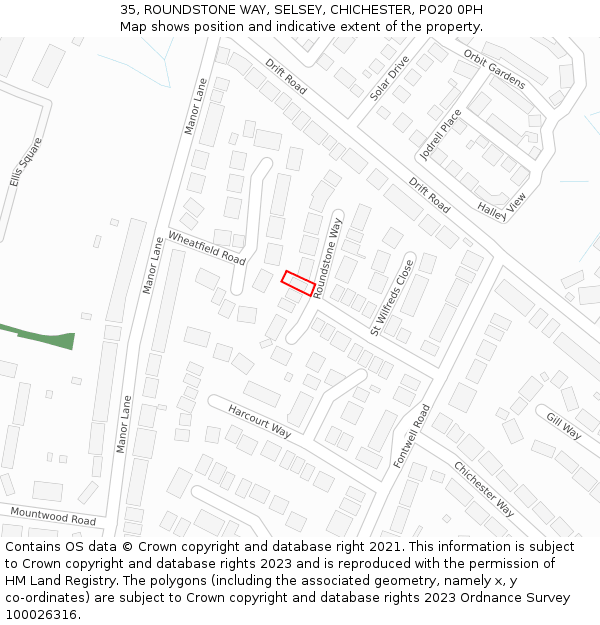 35, ROUNDSTONE WAY, SELSEY, CHICHESTER, PO20 0PH: Location map and indicative extent of plot