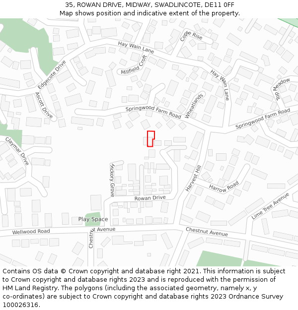 35, ROWAN DRIVE, MIDWAY, SWADLINCOTE, DE11 0FF: Location map and indicative extent of plot