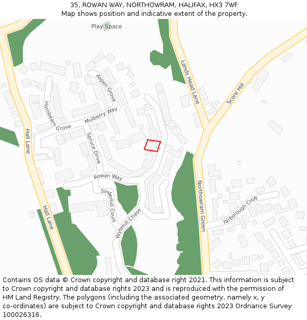 35, ROWAN WAY, NORTHOWRAM, HALIFAX, HX3 7WF: Location map and indicative extent of plot