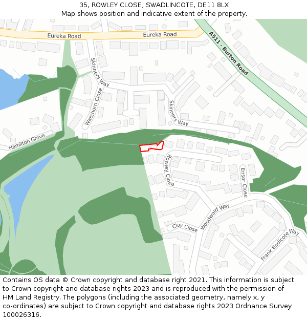 35, ROWLEY CLOSE, SWADLINCOTE, DE11 8LX: Location map and indicative extent of plot