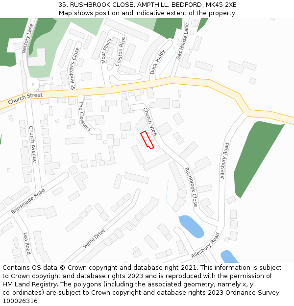 35, RUSHBROOK CLOSE, AMPTHILL, BEDFORD, MK45 2XE: Location map and indicative extent of plot