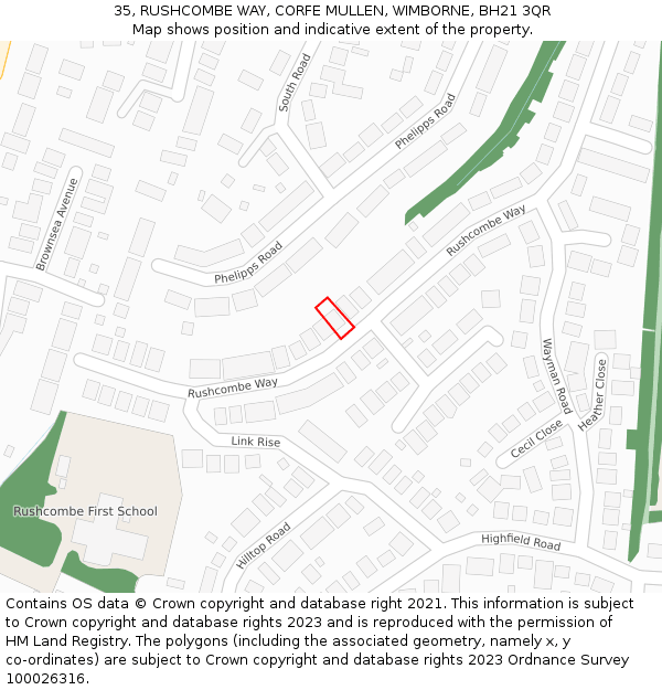 35, RUSHCOMBE WAY, CORFE MULLEN, WIMBORNE, BH21 3QR: Location map and indicative extent of plot