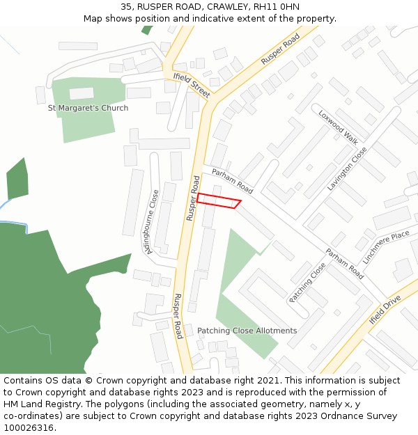 35, RUSPER ROAD, CRAWLEY, RH11 0HN: Location map and indicative extent of plot