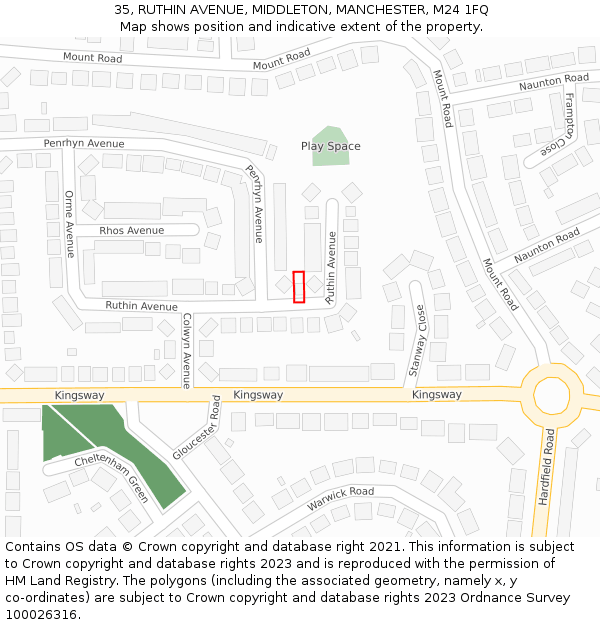 35, RUTHIN AVENUE, MIDDLETON, MANCHESTER, M24 1FQ: Location map and indicative extent of plot