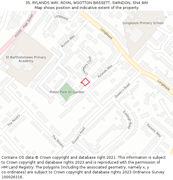 35, RYLANDS WAY, ROYAL WOOTTON BASSETT, SWINDON, SN4 8AY: Location map and indicative extent of plot
