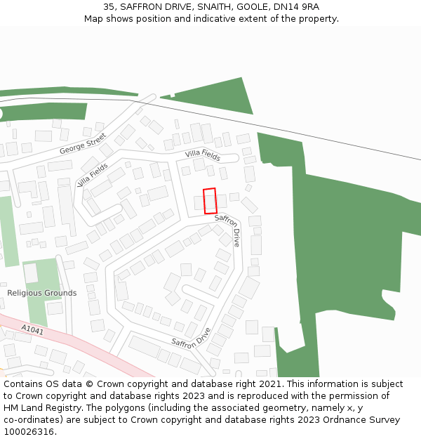 35, SAFFRON DRIVE, SNAITH, GOOLE, DN14 9RA: Location map and indicative extent of plot