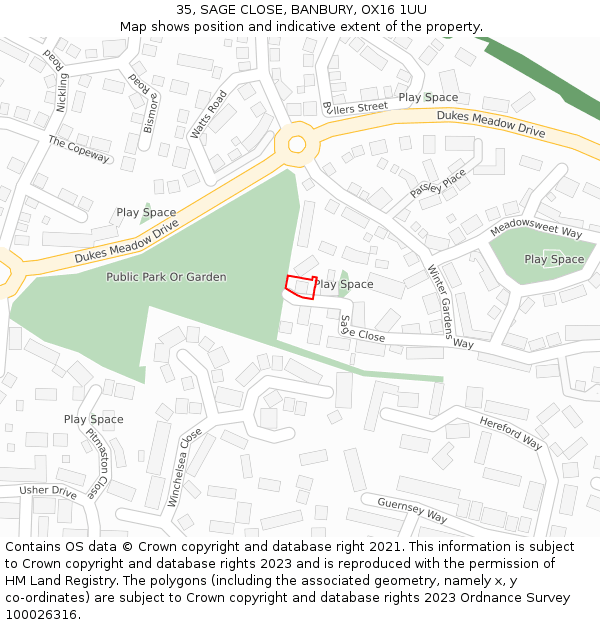 35, SAGE CLOSE, BANBURY, OX16 1UU: Location map and indicative extent of plot