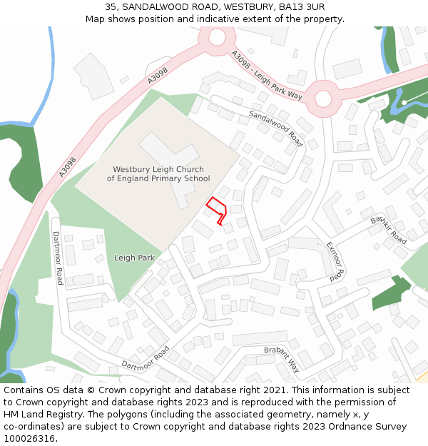 35, SANDALWOOD ROAD, WESTBURY, BA13 3UR: Location map and indicative extent of plot