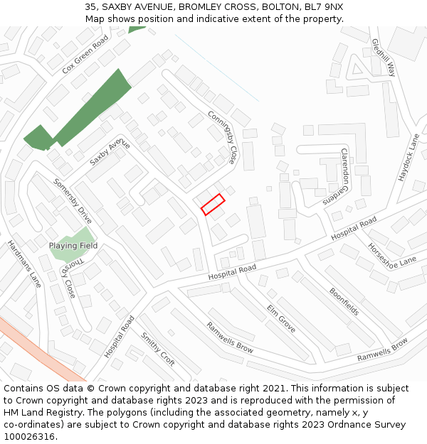 35, SAXBY AVENUE, BROMLEY CROSS, BOLTON, BL7 9NX: Location map and indicative extent of plot