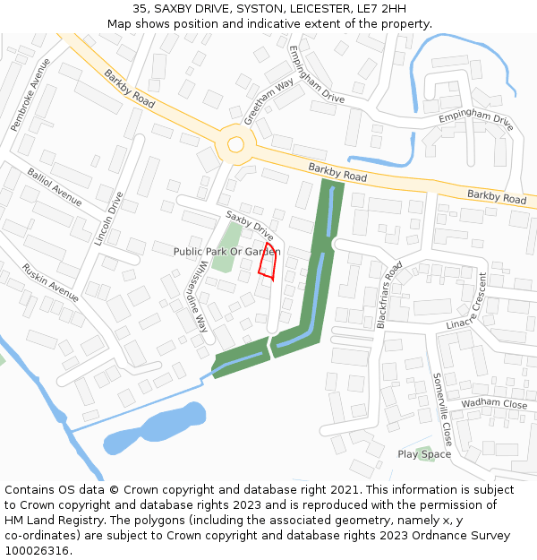 35, SAXBY DRIVE, SYSTON, LEICESTER, LE7 2HH: Location map and indicative extent of plot