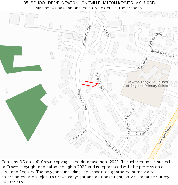 35, SCHOOL DRIVE, NEWTON LONGVILLE, MILTON KEYNES, MK17 0DD: Location map and indicative extent of plot