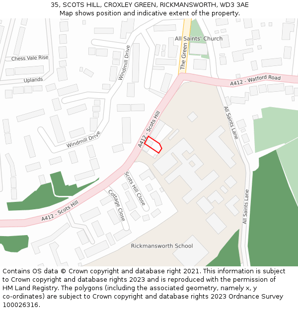 35, SCOTS HILL, CROXLEY GREEN, RICKMANSWORTH, WD3 3AE: Location map and indicative extent of plot