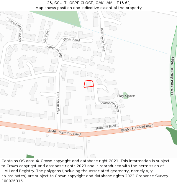 35, SCULTHORPE CLOSE, OAKHAM, LE15 6FJ: Location map and indicative extent of plot