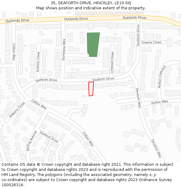 35, SEAFORTH DRIVE, HINCKLEY, LE10 0XJ: Location map and indicative extent of plot