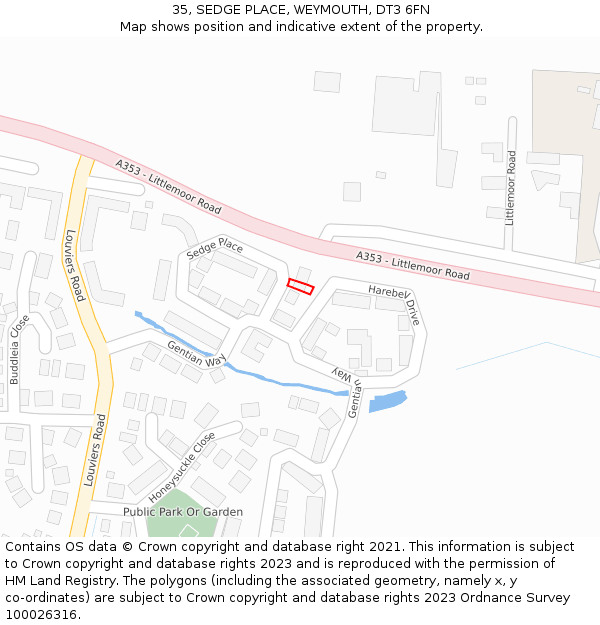 35, SEDGE PLACE, WEYMOUTH, DT3 6FN: Location map and indicative extent of plot