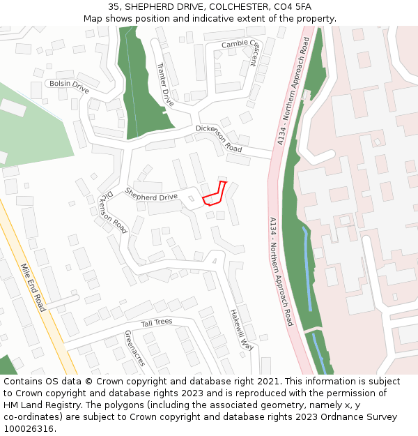 35, SHEPHERD DRIVE, COLCHESTER, CO4 5FA: Location map and indicative extent of plot