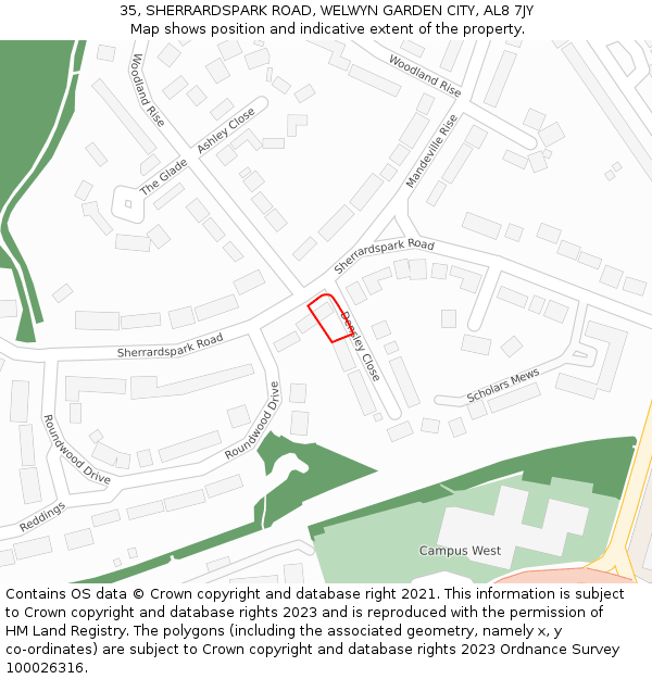 35, SHERRARDSPARK ROAD, WELWYN GARDEN CITY, AL8 7JY: Location map and indicative extent of plot