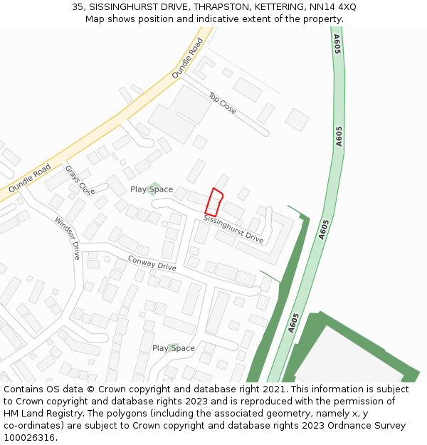 35, SISSINGHURST DRIVE, THRAPSTON, KETTERING, NN14 4XQ: Location map and indicative extent of plot