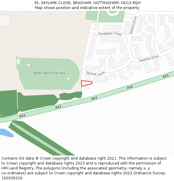 35, SKYLARK CLOSE, BINGHAM, NOTTINGHAM, NG13 8QH: Location map and indicative extent of plot