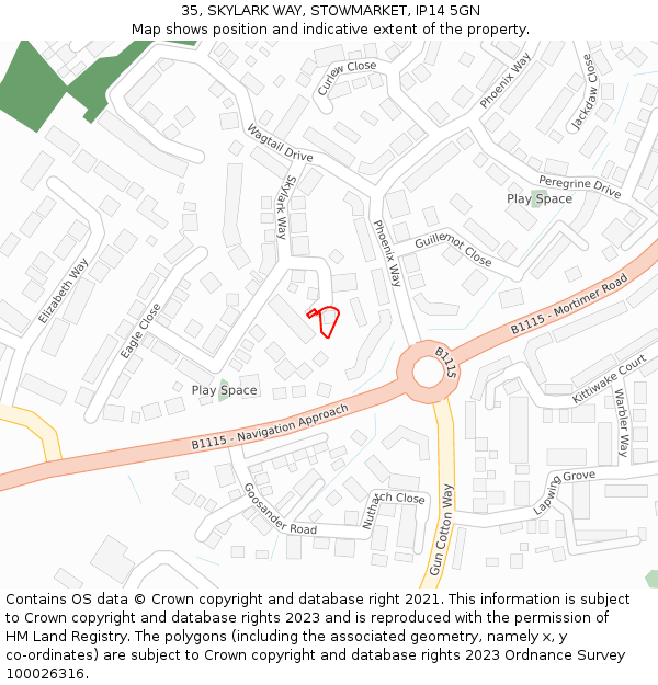 35, SKYLARK WAY, STOWMARKET, IP14 5GN: Location map and indicative extent of plot