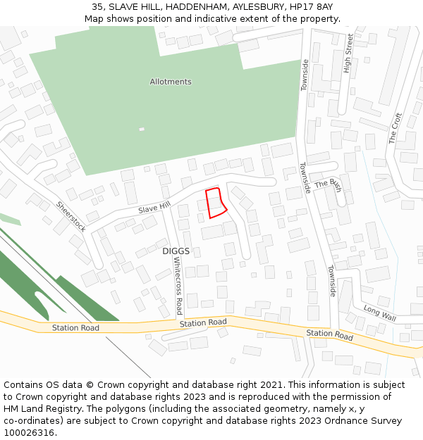 35, SLAVE HILL, HADDENHAM, AYLESBURY, HP17 8AY: Location map and indicative extent of plot