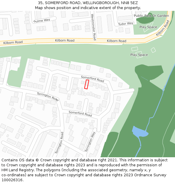 35, SOMERFORD ROAD, WELLINGBOROUGH, NN8 5EZ: Location map and indicative extent of plot