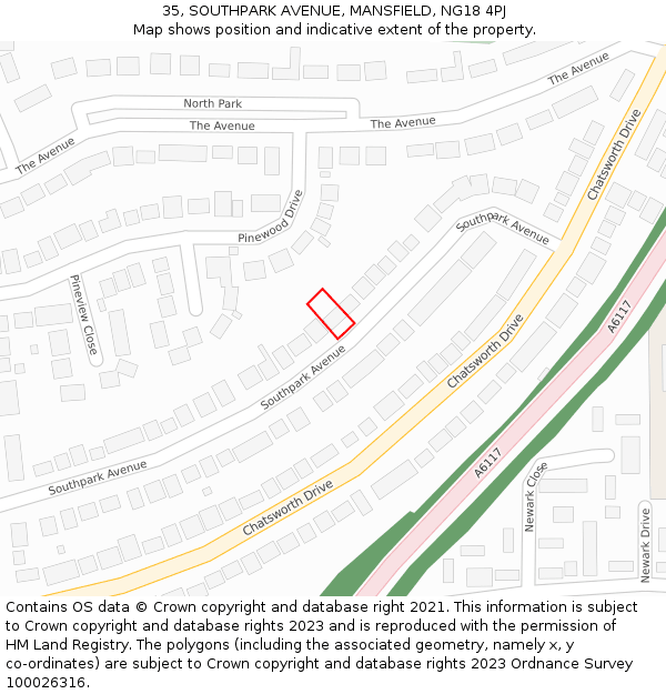 35, SOUTHPARK AVENUE, MANSFIELD, NG18 4PJ: Location map and indicative extent of plot