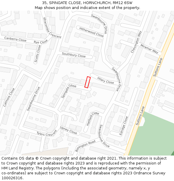 35, SPINGATE CLOSE, HORNCHURCH, RM12 6SW: Location map and indicative extent of plot