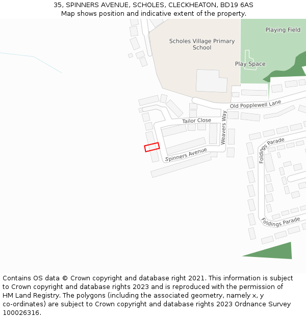 35, SPINNERS AVENUE, SCHOLES, CLECKHEATON, BD19 6AS: Location map and indicative extent of plot