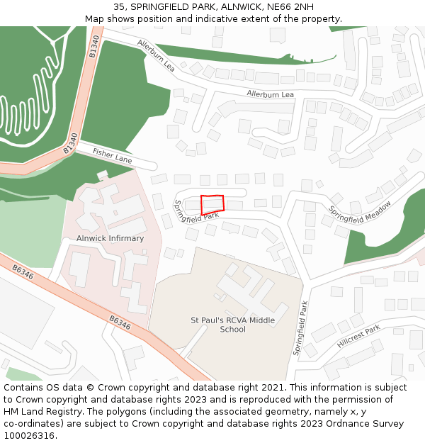 35, SPRINGFIELD PARK, ALNWICK, NE66 2NH: Location map and indicative extent of plot