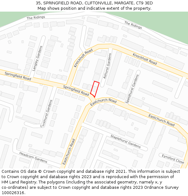 35, SPRINGFIELD ROAD, CLIFTONVILLE, MARGATE, CT9 3ED: Location map and indicative extent of plot
