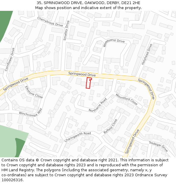 35, SPRINGWOOD DRIVE, OAKWOOD, DERBY, DE21 2HE: Location map and indicative extent of plot