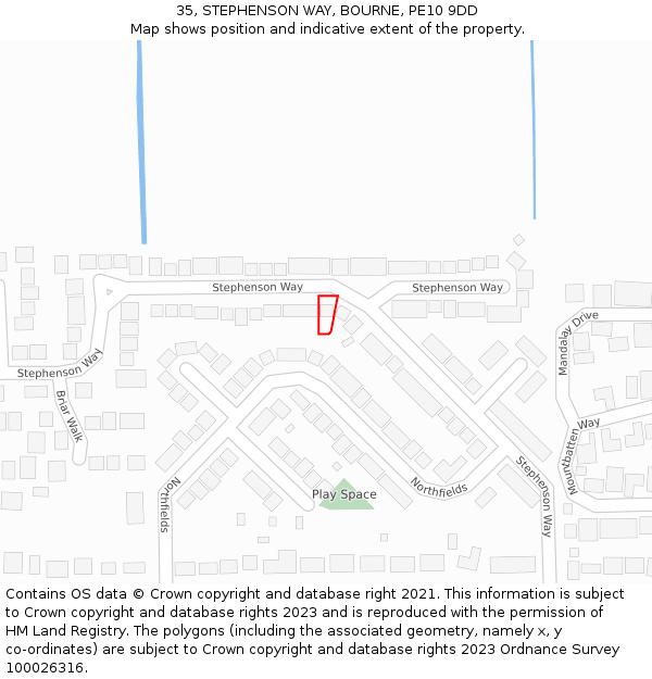 35, STEPHENSON WAY, BOURNE, PE10 9DD: Location map and indicative extent of plot