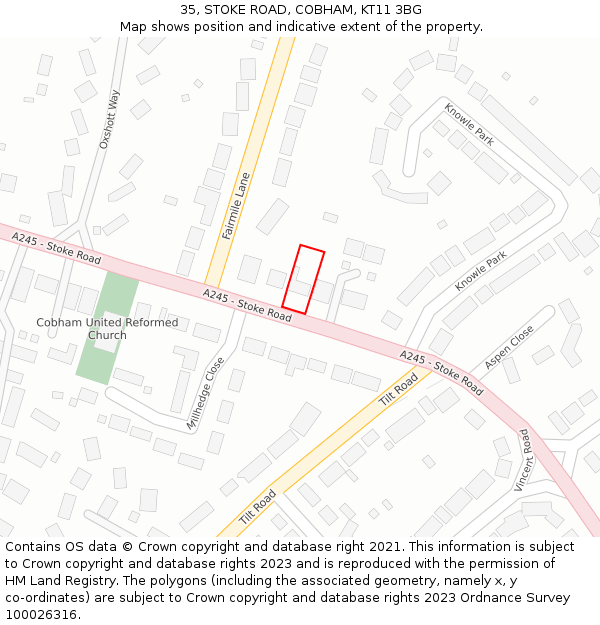 35, STOKE ROAD, COBHAM, KT11 3BG: Location map and indicative extent of plot