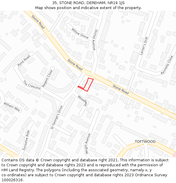 35, STONE ROAD, DEREHAM, NR19 1JS: Location map and indicative extent of plot